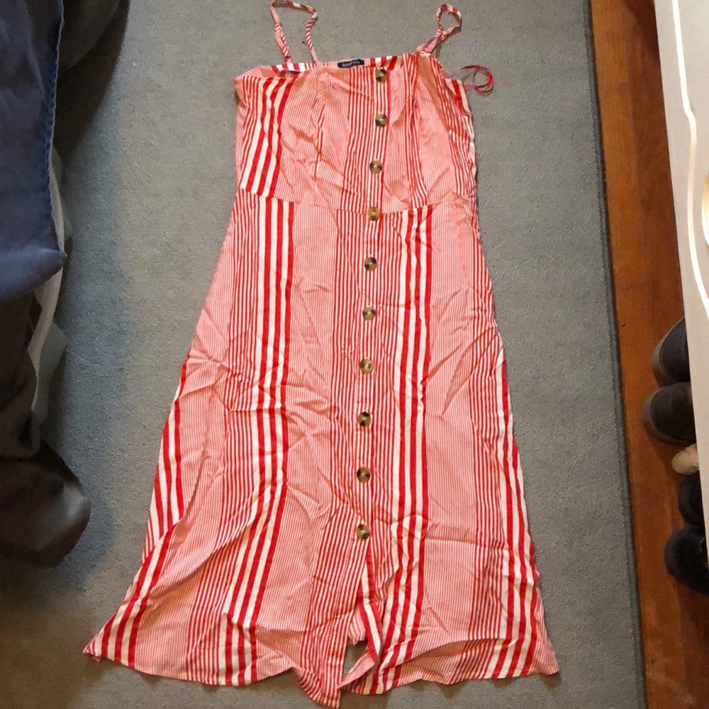 Boohoo Linen Mix Button Through Stripe Midi Dress